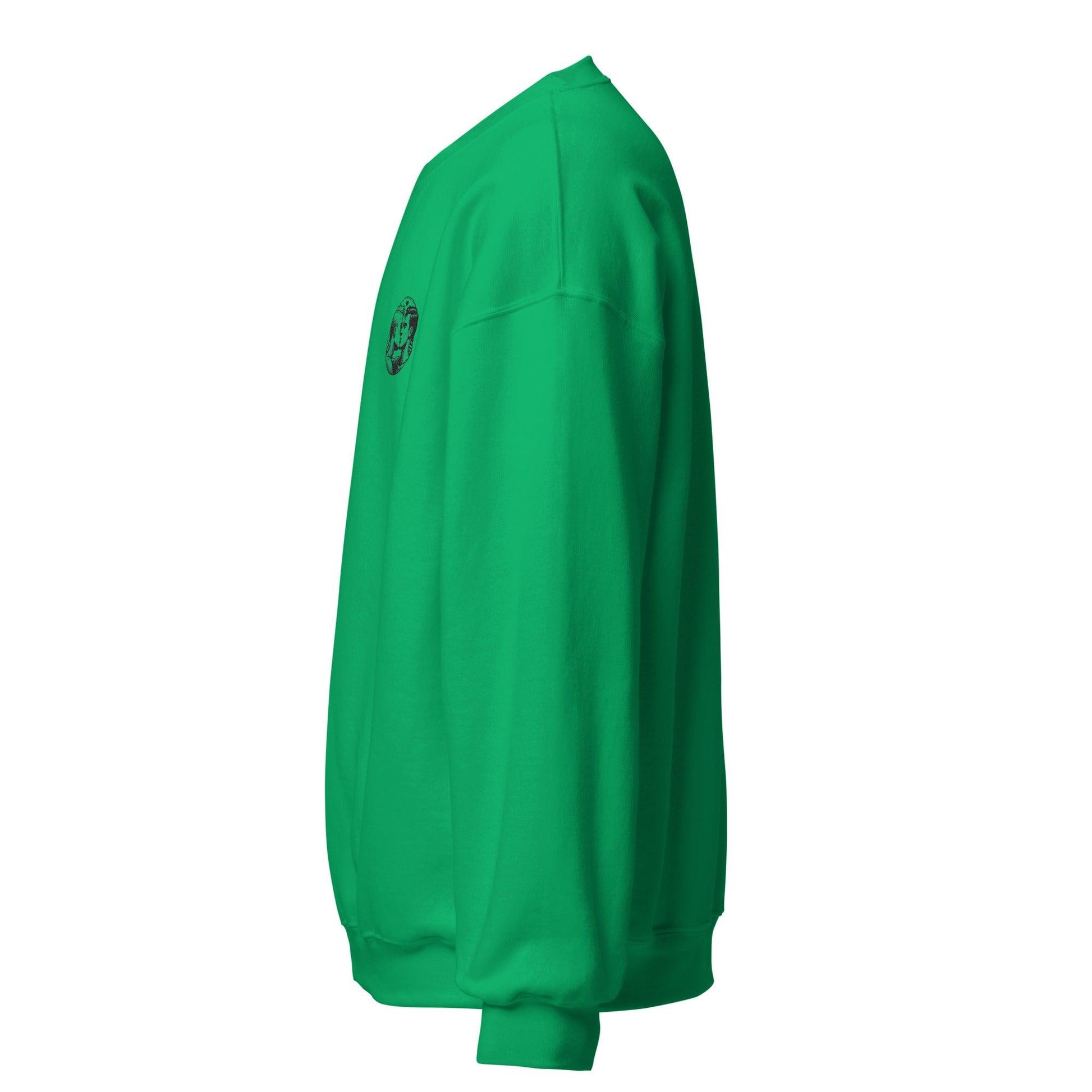 Side view of a vibrant green eco-friendly unisex sweatshirt with a comfortable fit