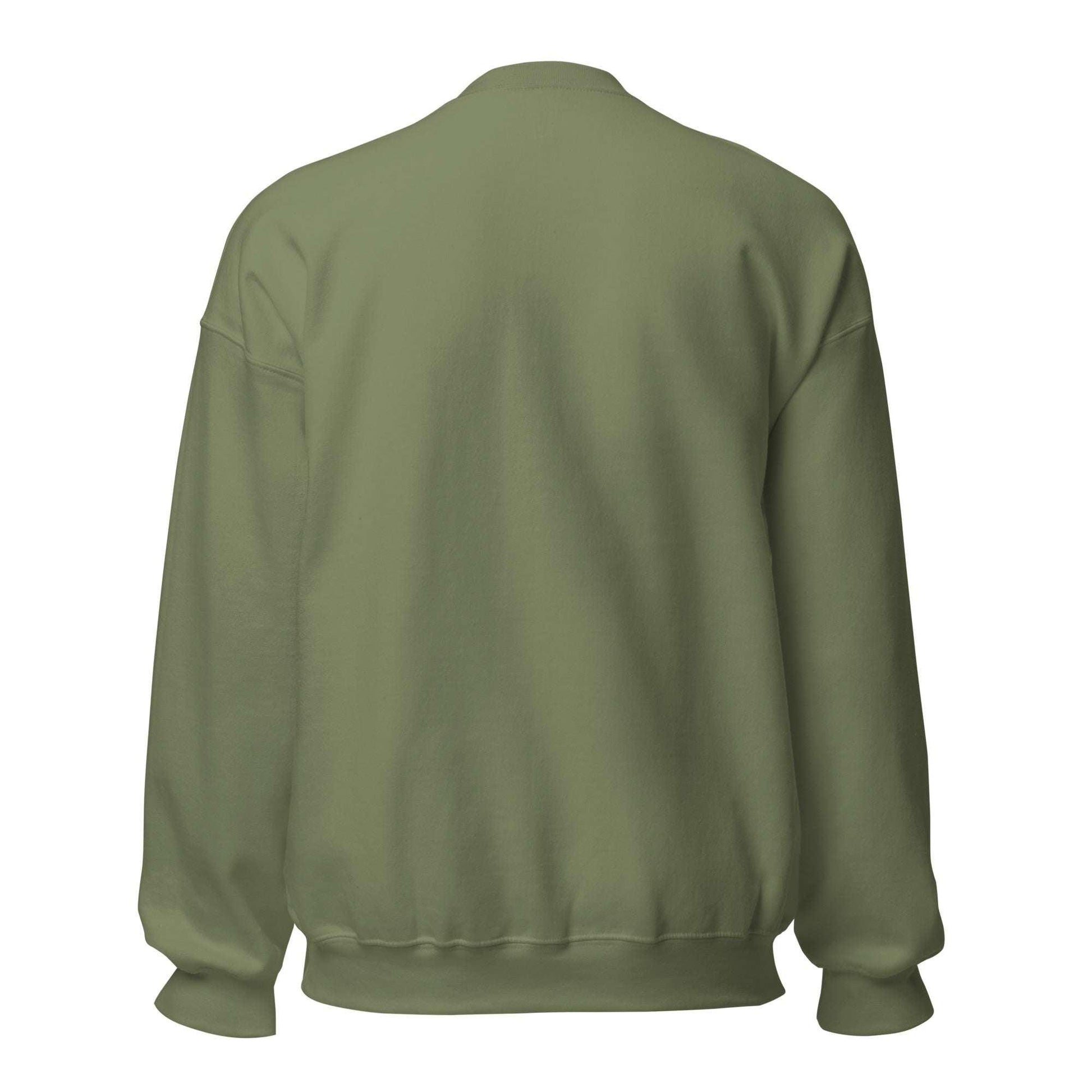 Back view of an eco-friendly unisex sweatshirt in olive green, perfect for casual wear