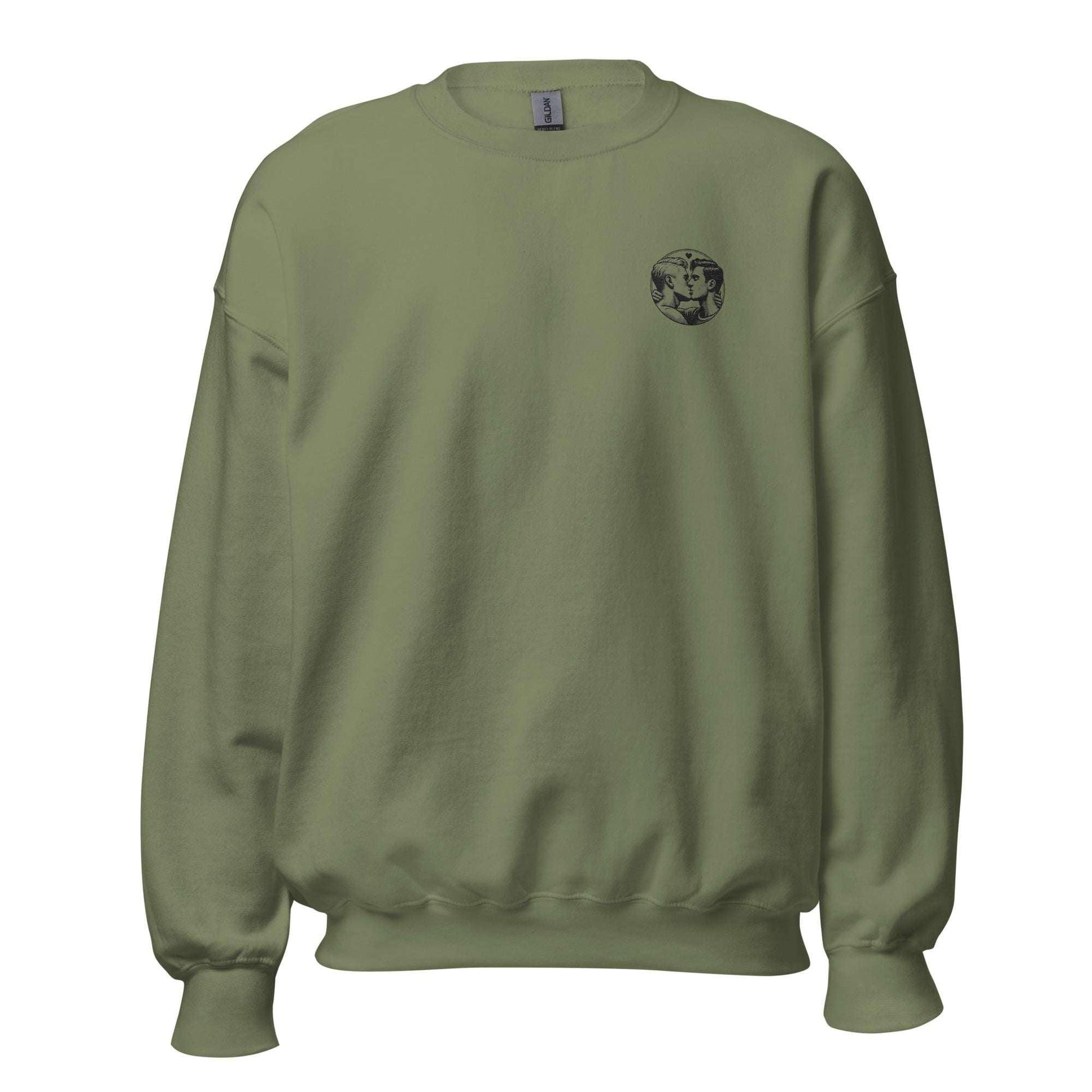 Eco-friendly unisex sweatshirt in olive green with a unique logo print on the chest