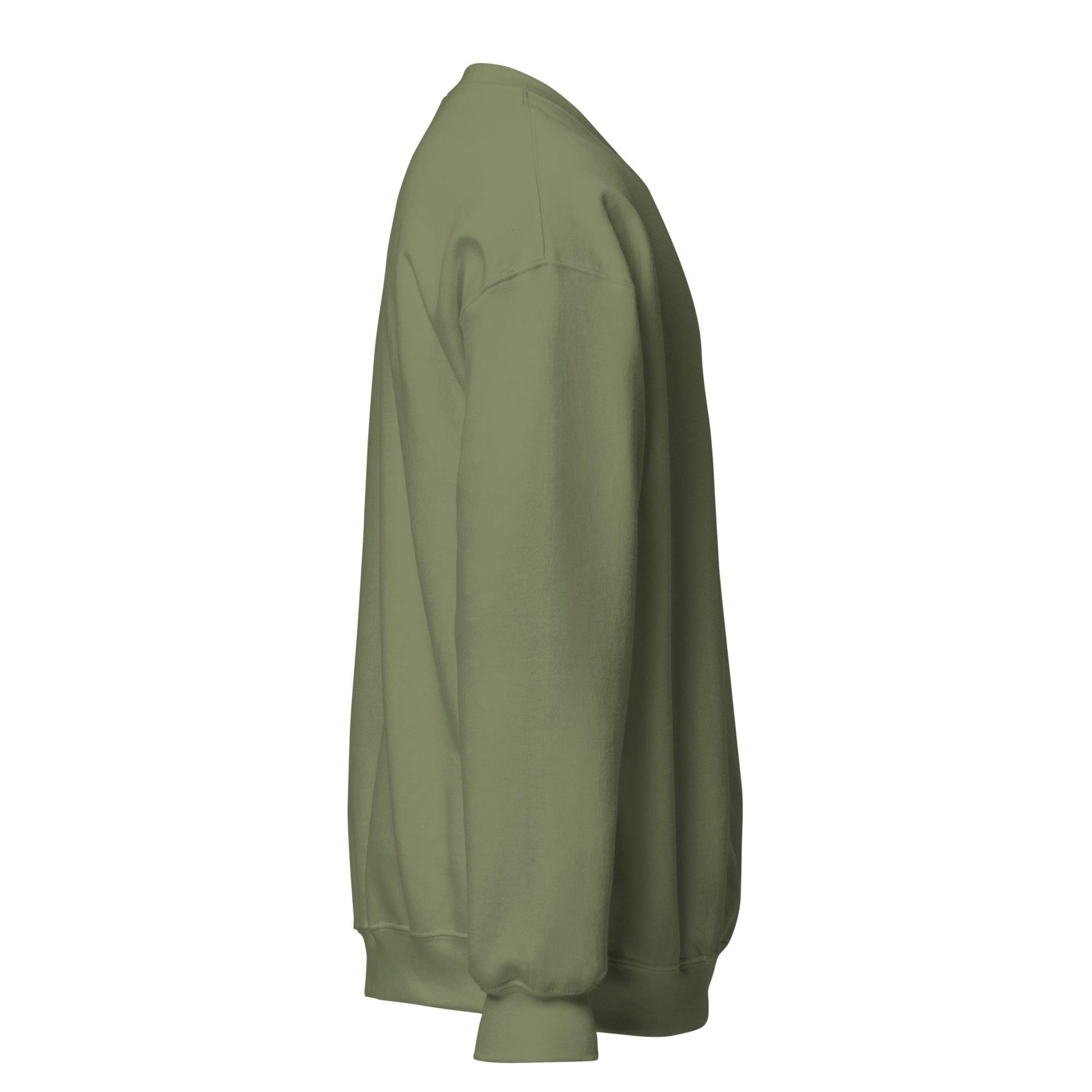 Side view of an eco-friendly unisex sweatshirt in olive green, perfect for sustainable fashion lovers