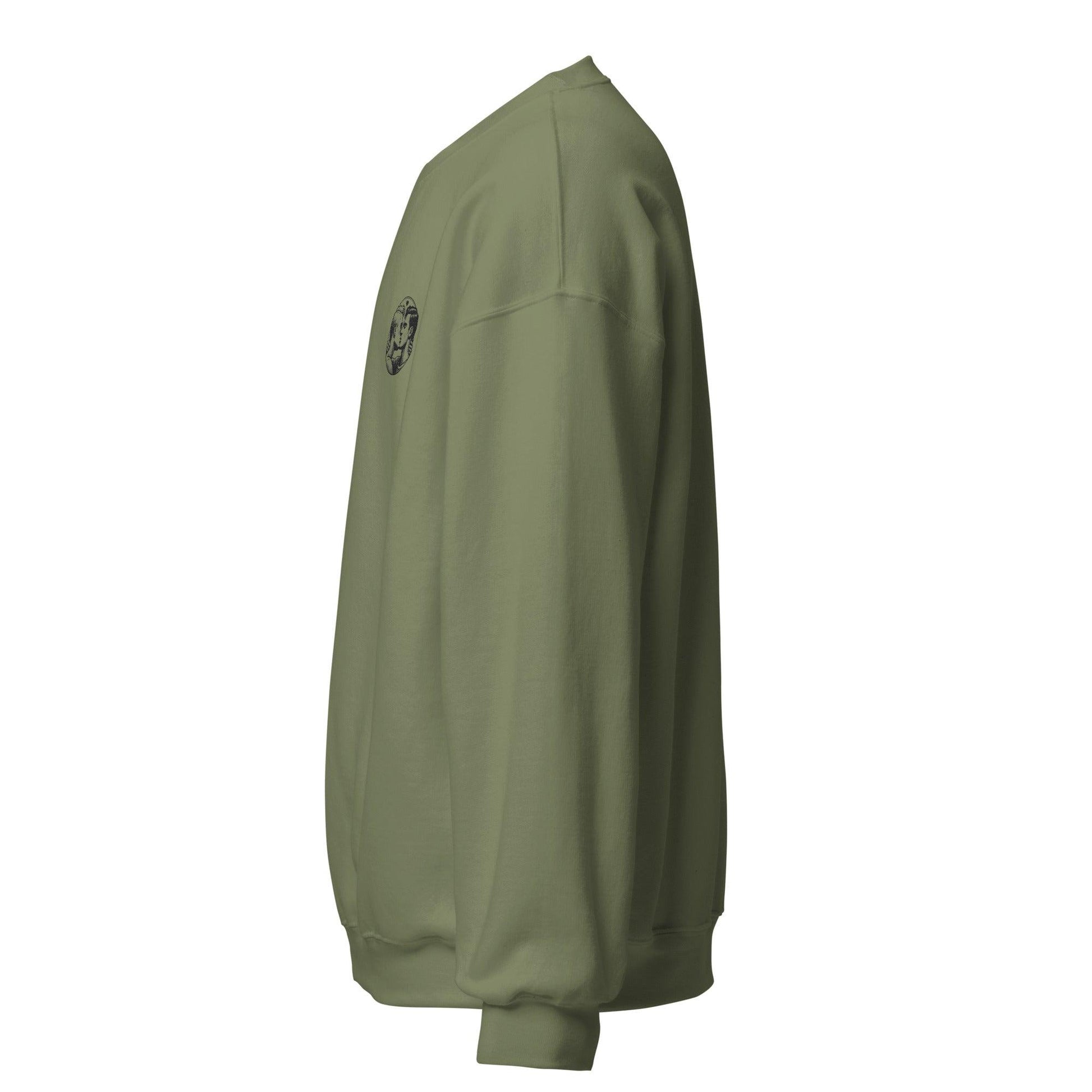 Side view of an eco-friendly unisex sweatshirt in olive green with a logo on the chest
