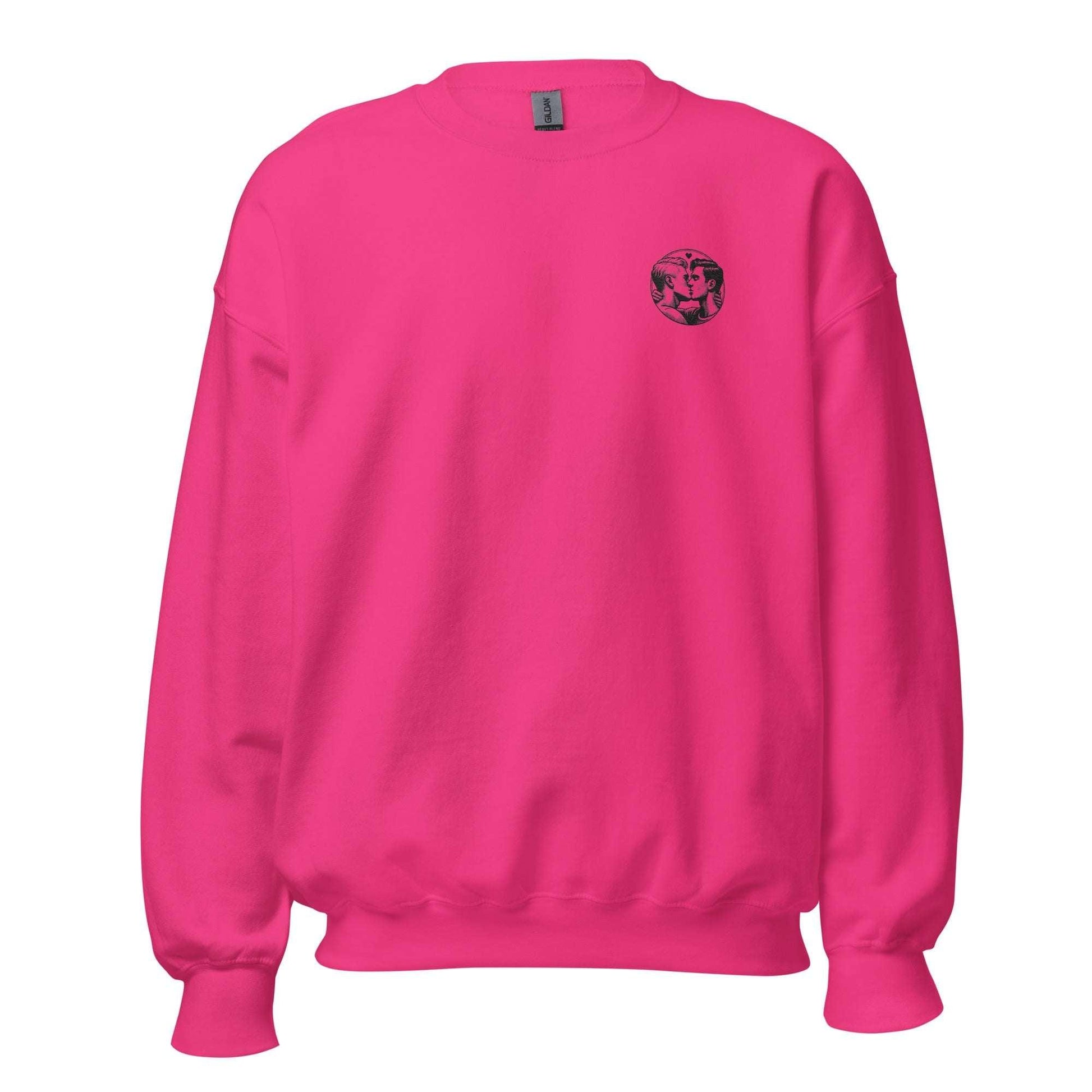 Bright pink eco-friendly unisex sweatshirt featuring a unique graphic design on the chest
