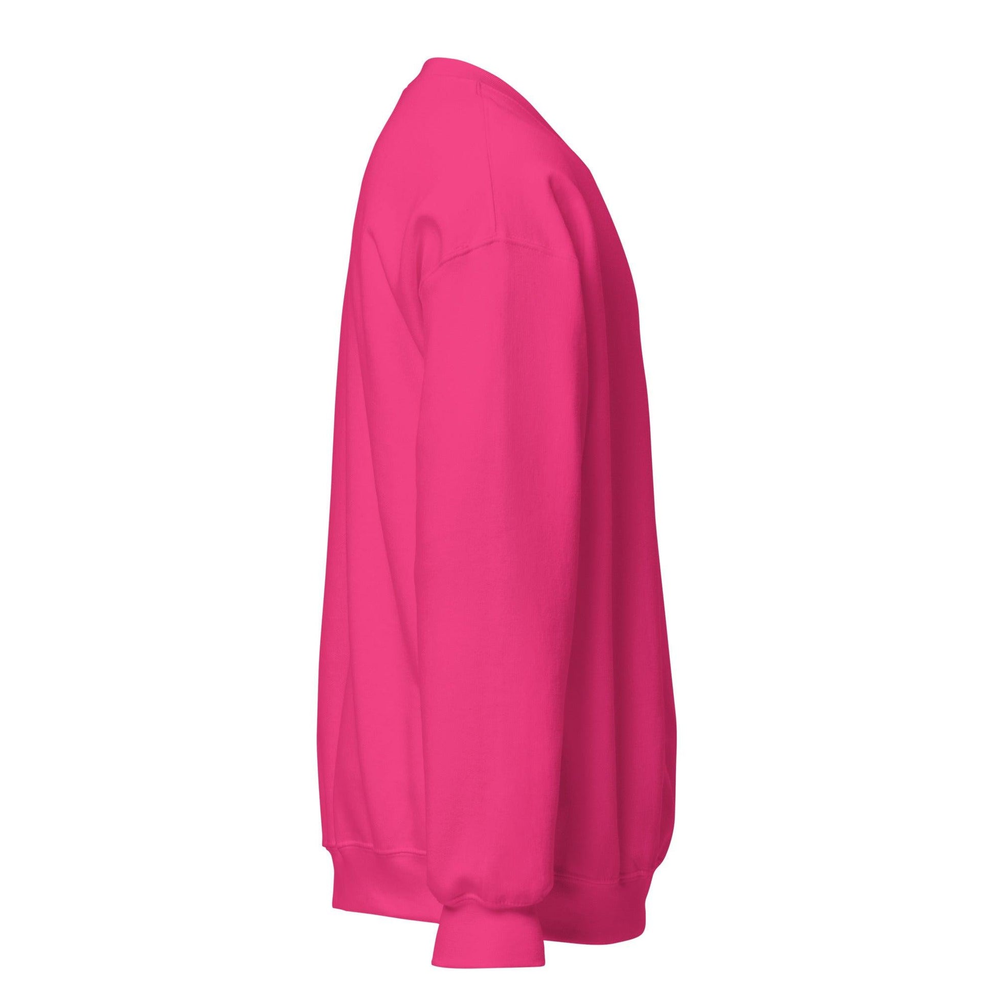 Side view of a vibrant pink eco-friendly unisex sweatshirt featuring a comfortable and casual design