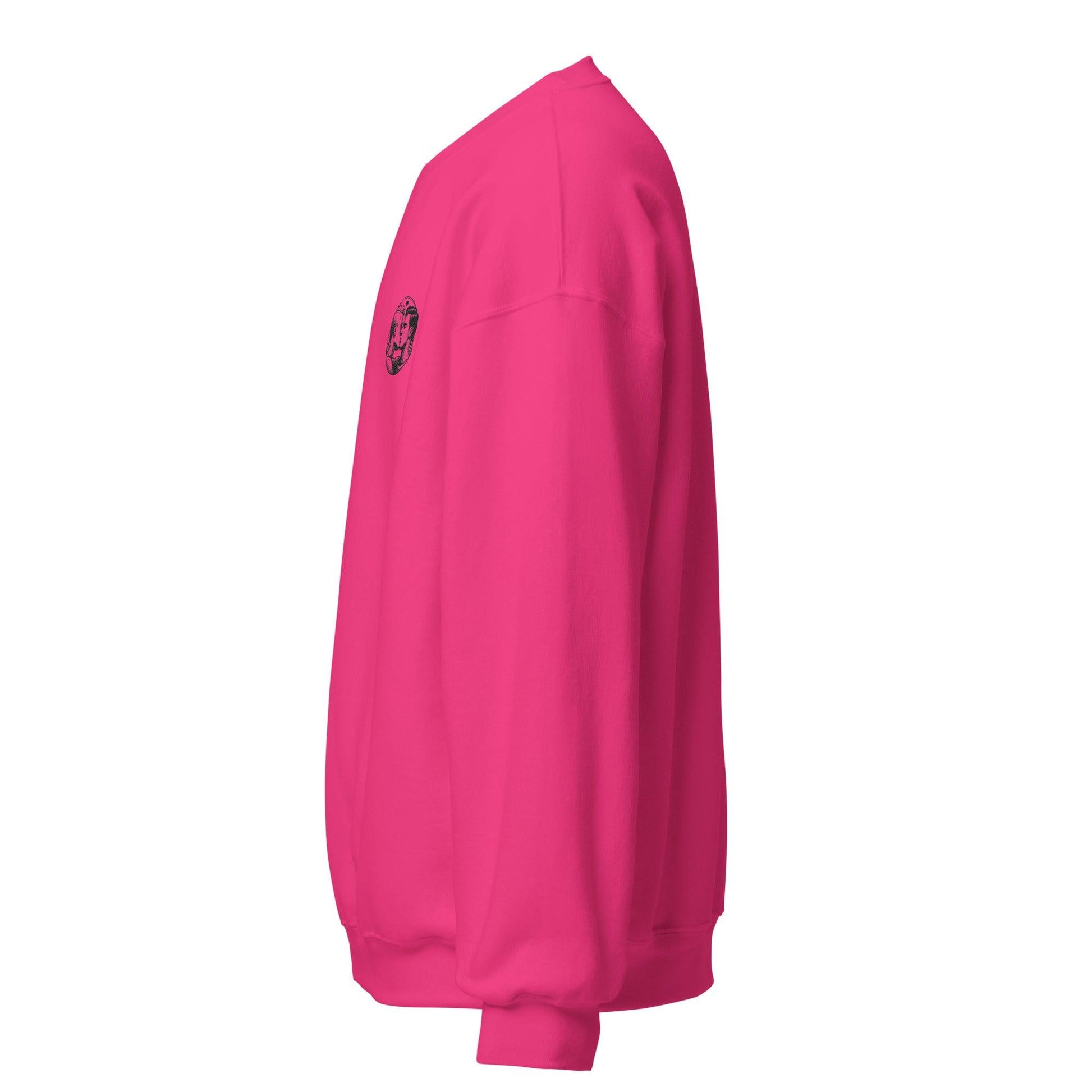 Side view of a vibrant pink Eco-friendly unisex sweatshirt featuring a stylish logo