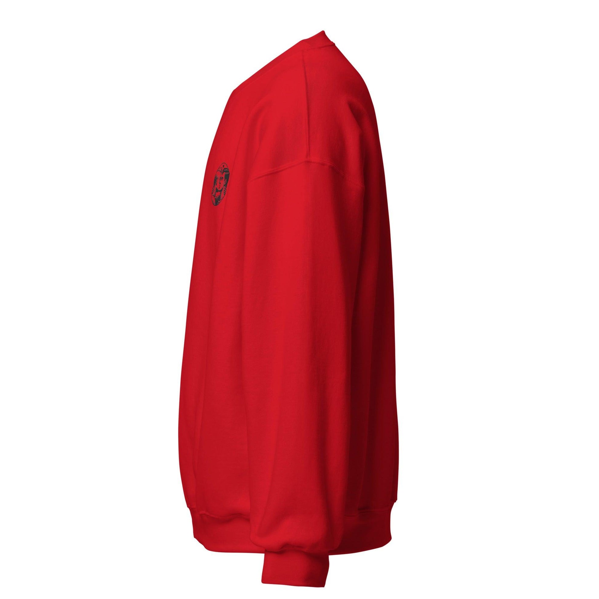 Side view of a red eco-friendly unisex sweatshirt made from sustainable materials