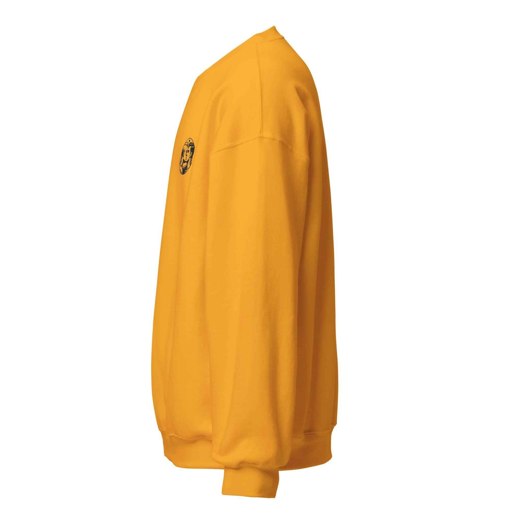 Side view of a vibrant yellow eco-friendly unisex sweatshirt with a comfortable fit